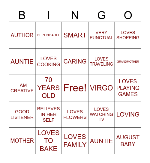 MOZAL'S 70TH BIRTHDAY Bingo Card