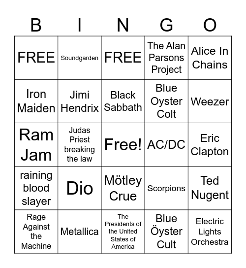 Rock / Metal Bingo Card