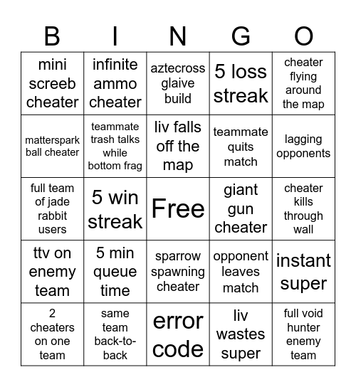 liv stuck in d2 comp prison Bingo Card