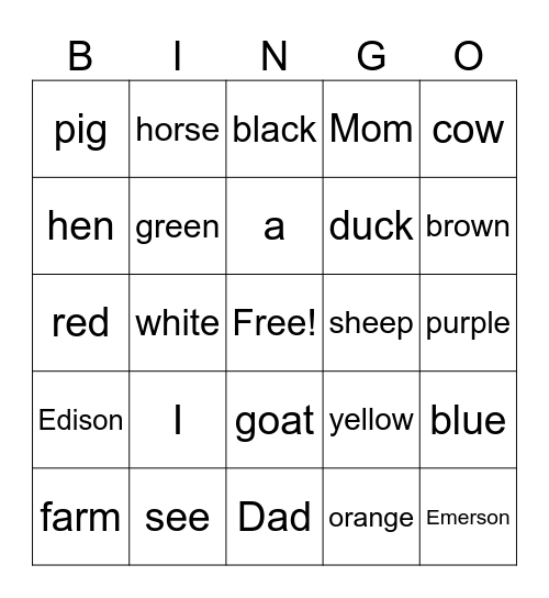 "I See"  Bingo Card
