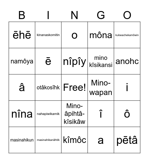 Cree Bingo Card