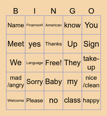 ASL TTCS Vocab 1 Bingo Card