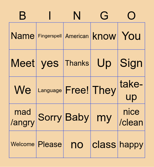 ASL TTCS Vocab 1 Bingo Card