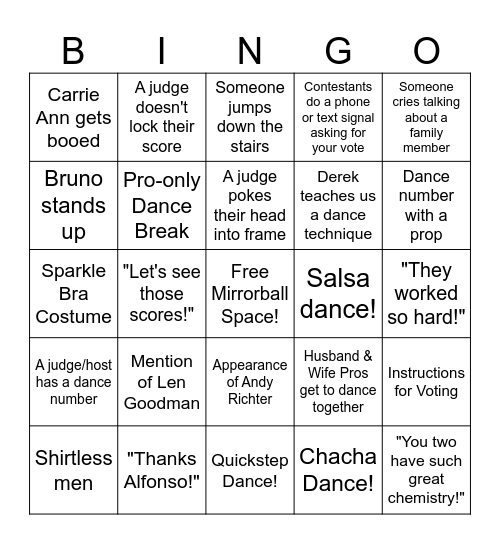 DWTS Premiere Night! Bingo Card
