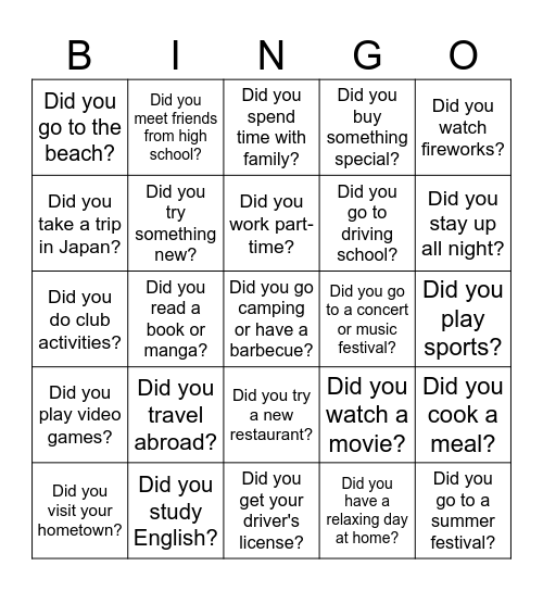 Summer Vacation Human Bingo Card