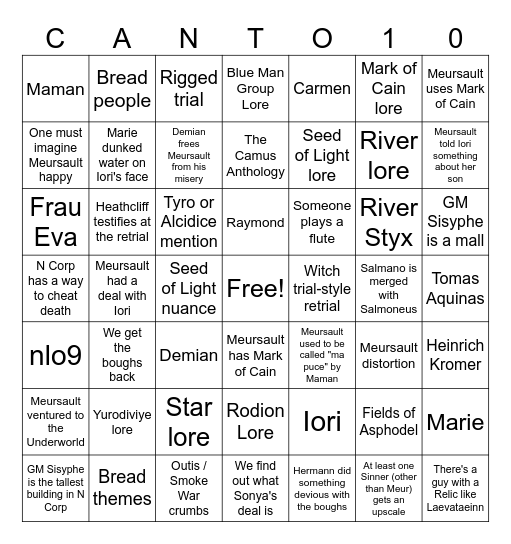 Canto 10/Canto X bingo last minute predictions Bingo Card
