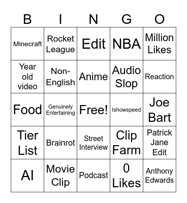 YT Shorts Bingo Card
