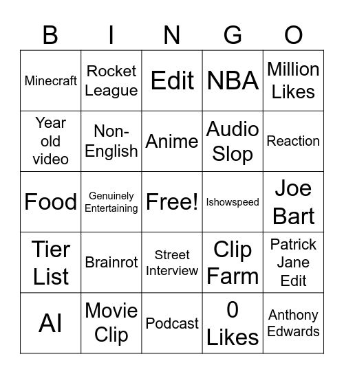 YT Shorts Bingo Card