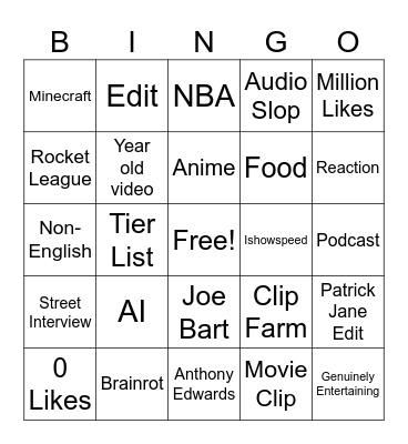 YT Shorts Bingo Card