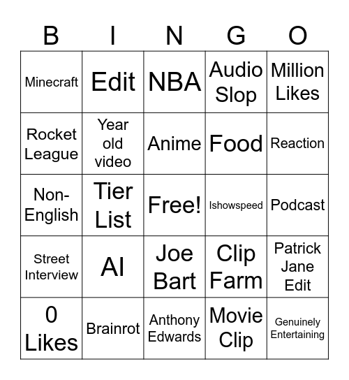 YT Shorts Bingo Card