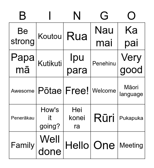 Te Reo Bingo Card