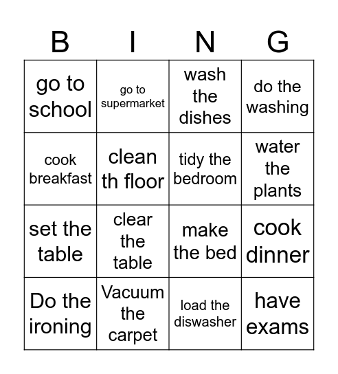 Housework Bingo Card