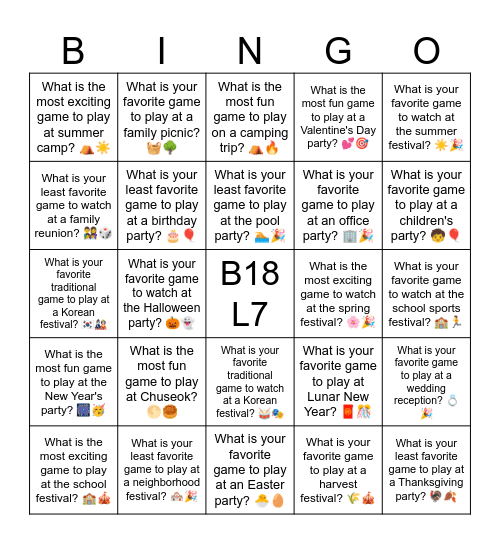 B18 L7 What is your favorite game to play at Sports Day? 🥚🏃 Bingo Card