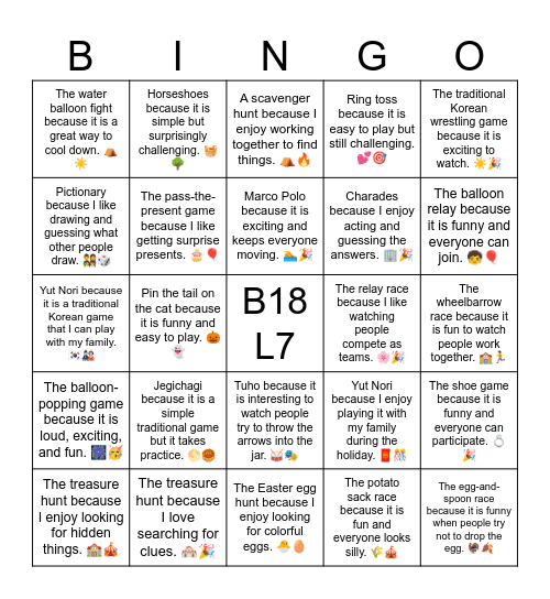 B18 L7 The egg and spoon race because it is exciting and a little difficult. 🥚🏃 Bingo Card