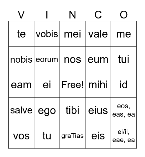 Latin Pronouns Bingo Card