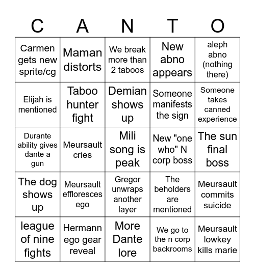 Canto X bingo Card