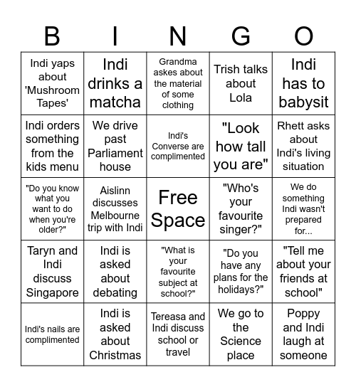 Canberra Trip Bingo Card