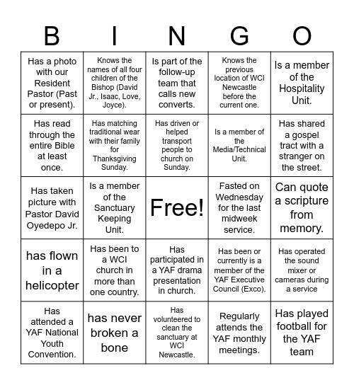 YAF Bingo (Find Someone who...) Bingo Card