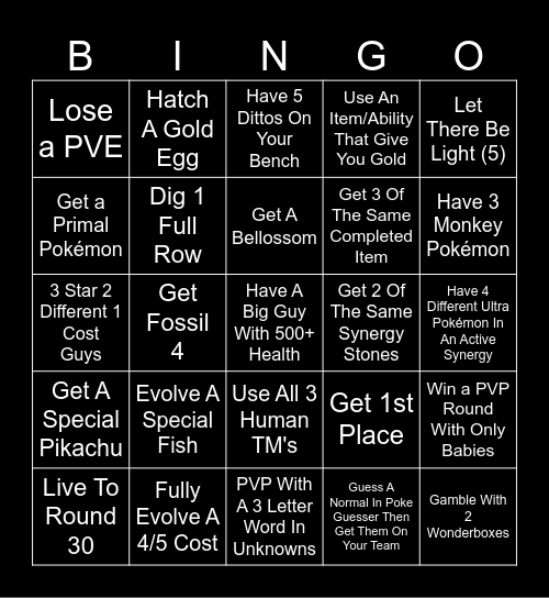 Pokémon Auto Chess Bingo Card