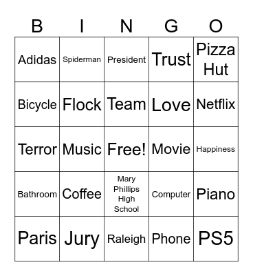 Types of Nouns Bingo Card