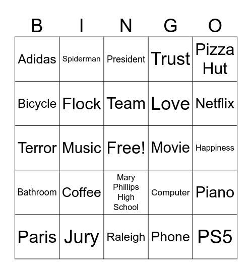 Types of Nouns Bingo Card