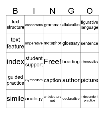 Language Arts Bingo Card