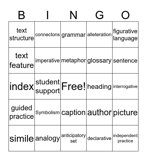 Language Arts Bingo Card