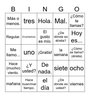 Spanish I Preliminary Chapter Bingo Card
