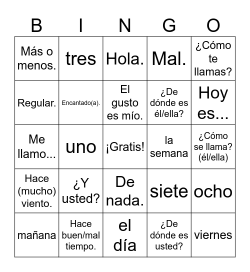 Spanish I Preliminary Chapter Bingo Card