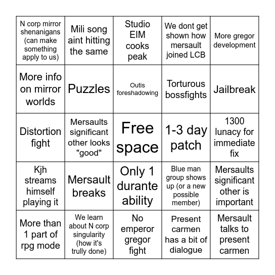 Canto 10 prediction Bingo Card