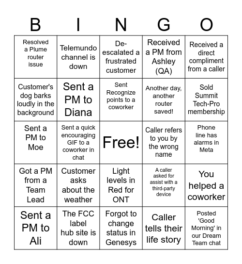 Customer Service Bingo Card