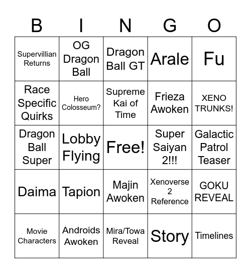 Xenoverse 3 Bingo Card