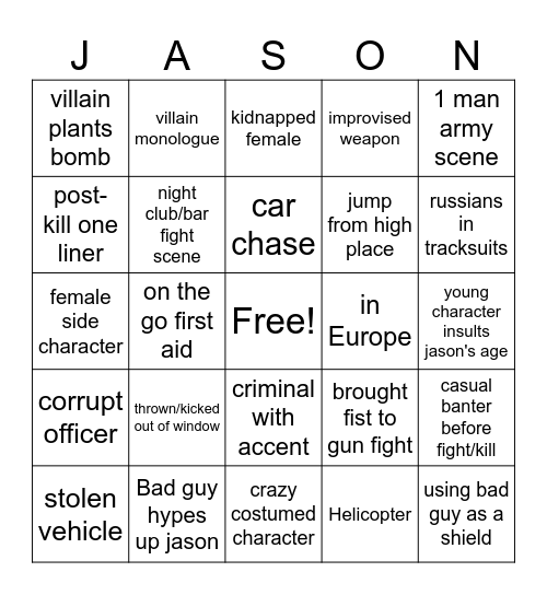 Jason Statham Movie Bingo Card