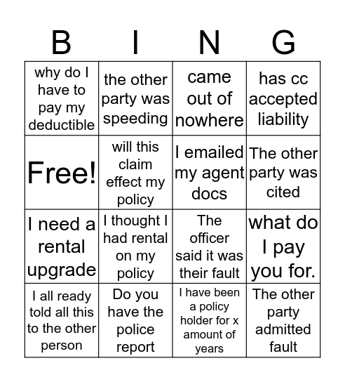 Claims Bingo Card