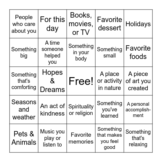 Gratitude Bingo! Bingo Card