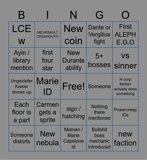 Limbus company PUNCTUM STUDIUM Bingo Card