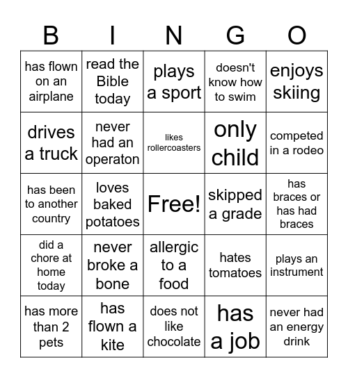Youth Group Bingo Card