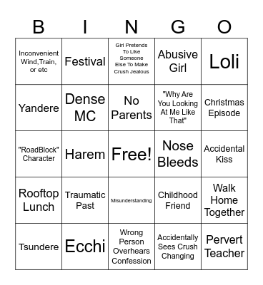 Romance Anime Bingo Card