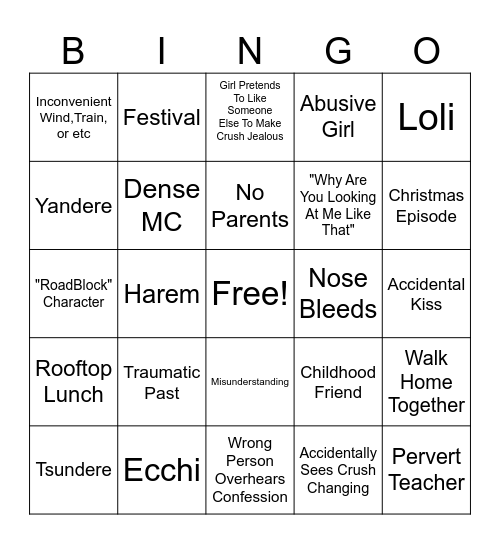 Romance Anime Bingo Card