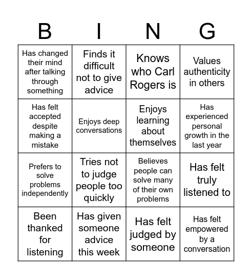 Person Centred Bingo Card