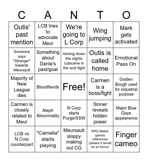 Canto X Bingo Card