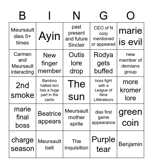CANTO 10 Bingo Card