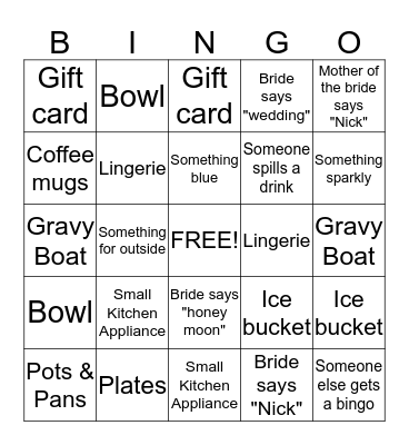 Tylar's Bridal Bingo Card