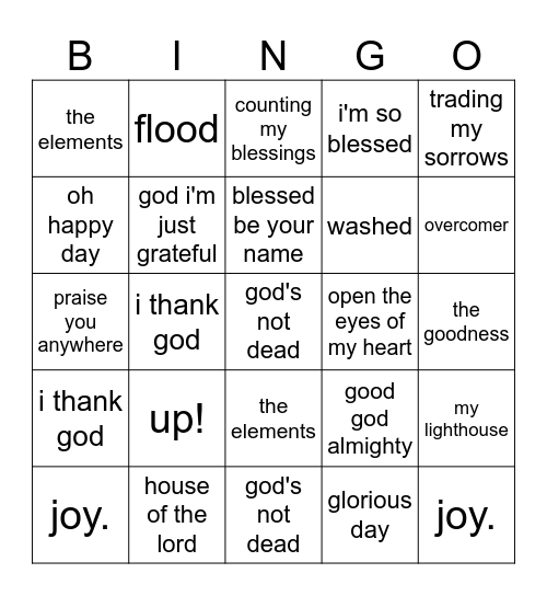 Worship Songs Bingo Card