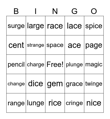 Soft g and c Bingo Card
