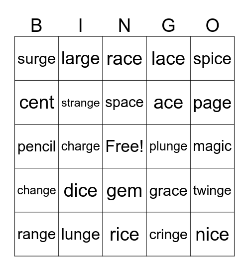 Soft g and c Bingo Card