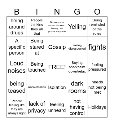 Triggers Bingo Card