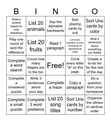 Nonpreferred Task Bingo Card