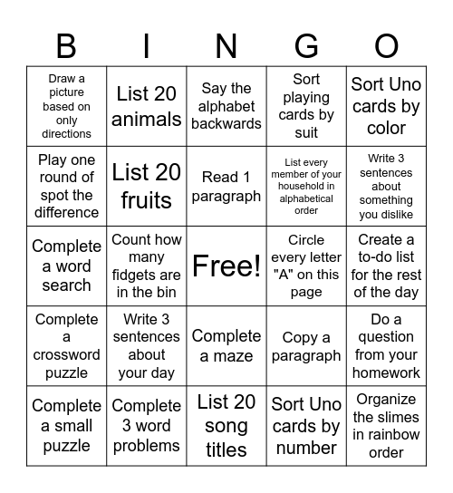 Nonpreferred Task Bingo Card