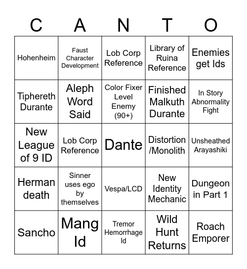 CANTO 10 Bingo Card
